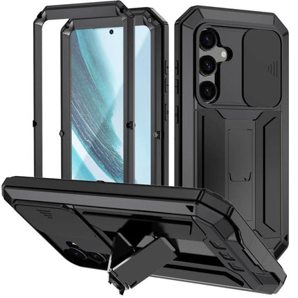 R-JUST Phone Case For Everyday Protection - rugged black metal-silicone hybrid with camera cover and kickstand for commuting and exercise