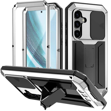 R-JUST Phone Case For Everyday Protection metal-silicone hybrid with kickstand, camera cover, and curved grip for commute and workouts