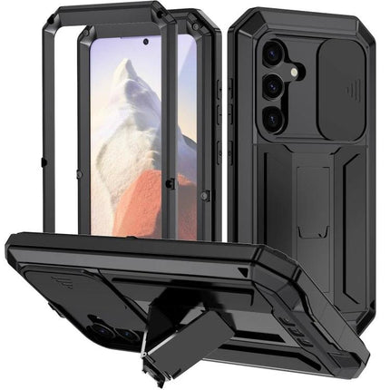 R-JUST Phone Case For Everyday Protection rugged black metal-silicone hybrid with built-in kickstand, camera cover, and curved grip