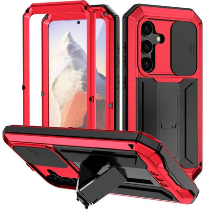 R-JUST Phone Case For Everyday Protection rugged red metal-silicone hybrid with kickstand, camera cover and curve grip for commuting and drops