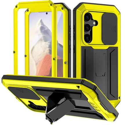 R-JUST Phone Case For Everyday Protection yellow rugged metal-silicone hybrid with sliding camera cover and kickstand