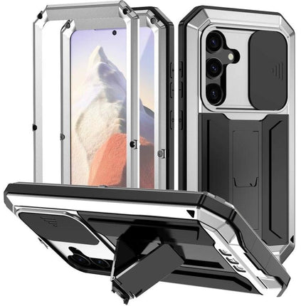 R-JUST Phone Case For Everyday Protection metal and silicone hybrid with sliding camera cover and kickstand, rugged slim profile for daily use
