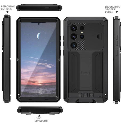 R-JUST Phone Case For Everyday Protection black rugged metal-silicone hybrid showing front, back, sides with ergonomic grip and camera cutouts