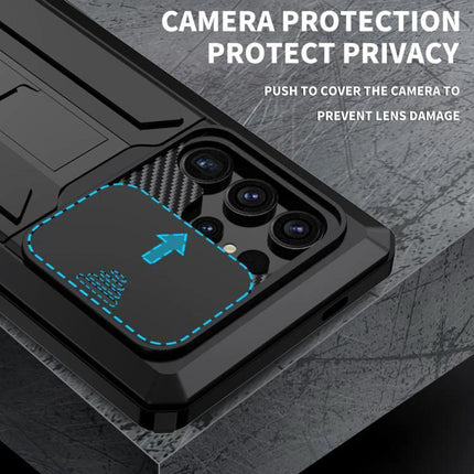 R-JUST Phone Case For Everyday Protection showing sliding camera cover, metal-silicone hybrid rugged case with curve grip for commuting and workouts