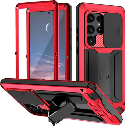 R-JUST Phone Case For Everyday Protection red metal-silicone hybrid with kickstand, camera cover and textured grip