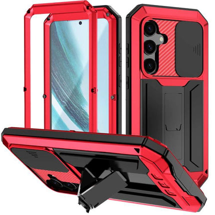 R-JUST Samsung Phone Case for Everyday Protection red metal frame silicone core with kickstand and camera cover