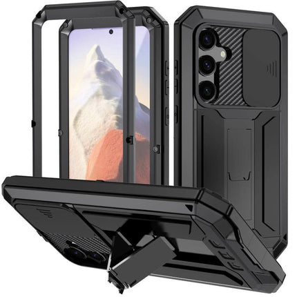 R-JUST Samsung Phone Case for Everyday Protection - black dual-layer metal frame and silicone core, sliding camera cover and kickstand, rugged slim fit
