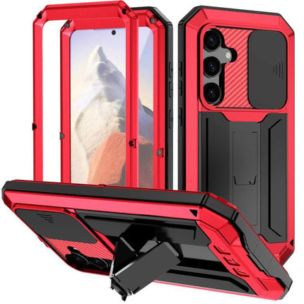 R-JUST Samsung Phone Case for Everyday Protection red metal frame silicone core rugged slim profile with kickstand