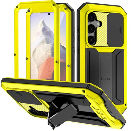 R-JUST Samsung Phone Case for Everyday Protection - yellow dual-material metal frame and silicone core with curve grip and kickstand