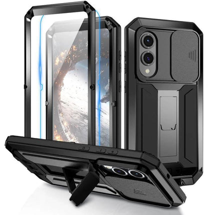 R-JUST Samsung Phone Case for Everyday Protection with metal frame, silicone interior, camera cover and kickstand for drop and scratch protection
