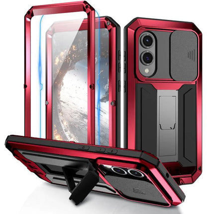 R-JUST Samsung Phone Case for Everyday Protection red metal frame with silicone core, built-in screen protector and kickstand