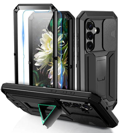 R-JUST Samsung Phone Case for Everyday Protection showing black dual-material metal frame and silicone core with kickstand and camera cover