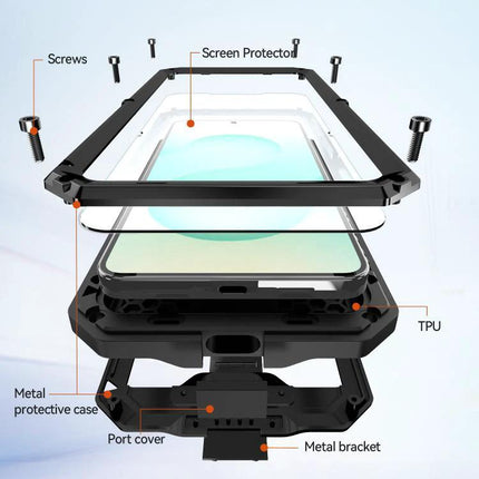 R-JUST Samsung Phone Case for Everyday Protection exploded view showing metal frame, silicone core (TPU), screen protector, screws and port cover