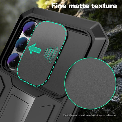R-JUST Samsung Phone Case for Everyday Protection showing sliding matte camera cover, metal frame and silicone core, curve grip design
