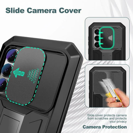 R-JUST Samsung Phone Case for Everyday Protection with sliding camera cover, metal frame & silicone core shielding lenses from scratches and dust