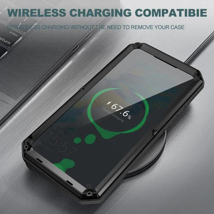R-JUST Samsung Phone Case for Everyday Protection shown on Samsung phone wirelessly charging on a pad, metal frame and silicone core, slim durable grip
