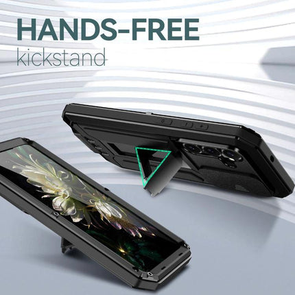 R-JUST Samsung Phone Case for Everyday Protection showing dual-material metal frame and silicone with hands-free kickstand