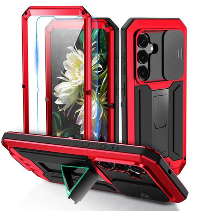R-JUST Samsung Phone Case for Everyday Protection - red metal frame with silicone core, sliding camera cover and kickstand for Samsung phone