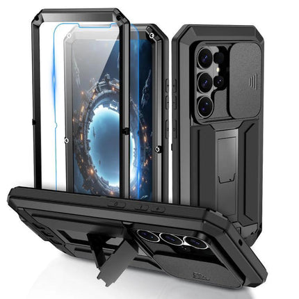 R-JUST Samsung Phone Case for Everyday Protection showing black dual-material metal frame and silicone core with camera cover and kickstand