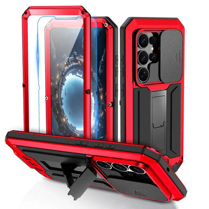 R-JUST Samsung Phone Case for Everyday Protection - red metal frame and silicone core, sliding camera cover and kickstand for daily drop and scratch defense