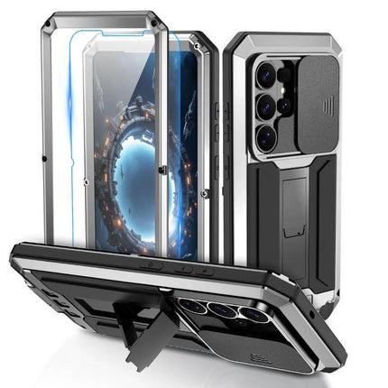 R-JUST Samsung Phone Case for Everyday Protection - dual-material metal frame and silicone Samsung case with kickstand and camera cover