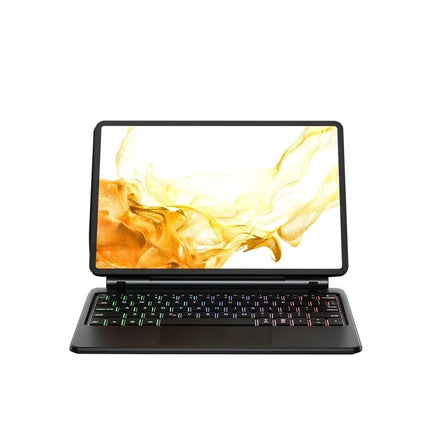 Bluetooth Keyboard Leather Case for Samsung Galaxy Tab S9 FE showing tablet in adjustable stand with backlit keyboard and protective leather shell