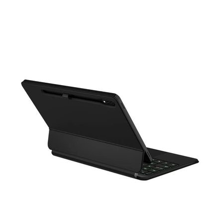 Bluetooth Keyboard Leather Case for Samsung Galaxy Tab S9 FE showing black folio case with detachable Bluetooth keyboard and adjustable stand for typing