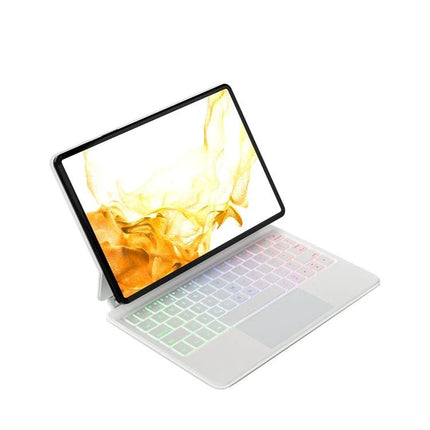 Bluetooth Keyboard Leather Case for Samsung Galaxy Tab S9 FE with adjustable stand and slim white backlit keyboard