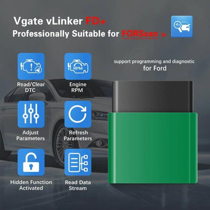 Vgate Tool for Everyday Car Maintenance Checks Bluetooth OBD-II adapter showing features: read/clear DTC, engine RPM, adjust parameters, read data stream