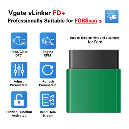 Vgate Tool for Everyday Car Maintenance Checks Bluetooth OBD-II adapter showing features like read/clear DTC, engine RPM, adjust and refresh parameters