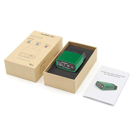 Vgate Tool for Everyday Car Maintenance Checks - green Bluetooth OBD-II diagnostic adapter in box with manual