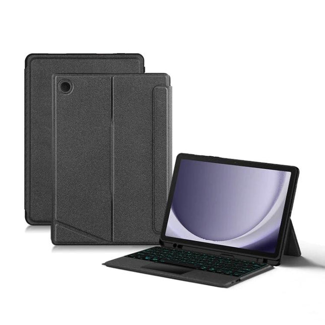 Leather Bluetooth Keyboard Case for Samsung Galaxy Tab A9+ with black leather cover and detachable Bluetooth keyboard for productivity
