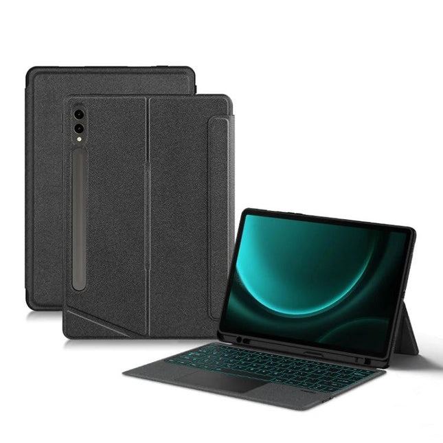 Leather Case with Split Bluetooth Keyboard for Samsung Galaxy Tab S9+ shown in black, protective folio with detachable split Bluetooth keyboard and stand