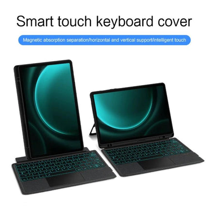 Leather Case with Split Bluetooth Keyboard for Samsung Galaxy Tab S9+ showing split Bluetooth keyboard cover in two viewing angles with backlit keys