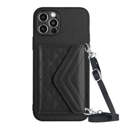 Practical Phone Case With Lanyard For Daily Essentials - slim black PU leather phone case with quilted wallet pocket and detachable messenger lanyard