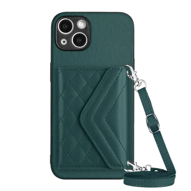 Practical Phone Case With Lanyard For Daily Essentials – green PU leather slim protective case with quilted wallet and adjustable messenger lanyard
