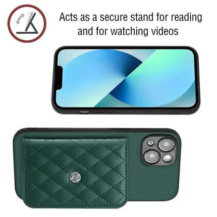 Protective Phone Case With Card Holder For Daily Carry showing quilted green wallet slot, RFID shield, and secure kickstand for hands-free viewing