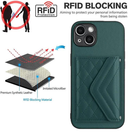 Protective Phone Case With Card Holder For Daily Carry showing RFID blocking wallet slot and card storage on green quilted phone case