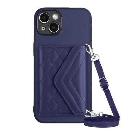 Protective Phone Case With Card Holder For Daily Carry navy quilted wallet case with strap, holds 2–3 cards, RFID shielding, slim daily carry