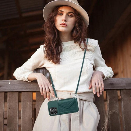 Phone Case With Lanyard For Everyday Carry And Convenient All-Day On-The-Go Protection - green PU leather crossbody case with card slot shown on model