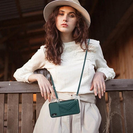 Phone Case With Lanyard For Everyday Carry - green crossbody phone case with card wallet and RFID protection shown on model