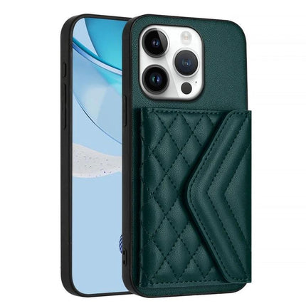 Phone Case With Card Holder For Daily Carry – green quilted leather card slot, RFID protection and lanyard-ready phone wallet