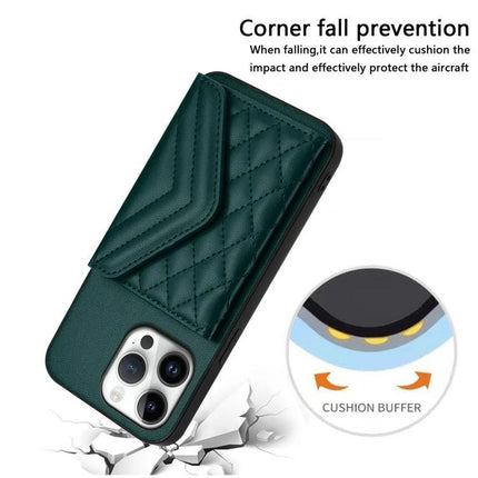 Phone Case With Card Holder For Daily Carry in green quilted leather with lanyard, RFID shield and corner fall protection