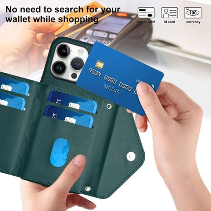 Phone Case With Card Holder For Daily Carry showing green folio case with built-in card slots and person removing a blue credit card