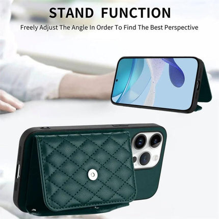 Phone Case With Card Holder For Daily Carry shown in green with quilted card pocket, lanyard-ready design and built-in stand for hands-free viewing