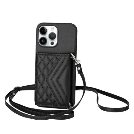 Phone Case With Card Holder For Daily Carry - black leather card wallet phone case with adjustable lanyard and RFID protection