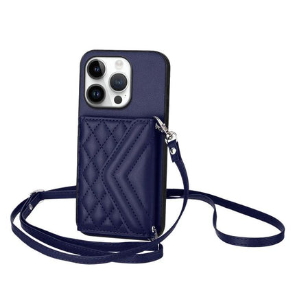 Phone Case With Card Holder For Daily Carry - navy quilted leather wallet case with lanyard and RFID protection