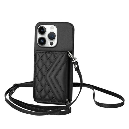 Phone Case With Card Holder For Daily Carry black quilted leather crossbody lanyard RFID slot for cards and cash