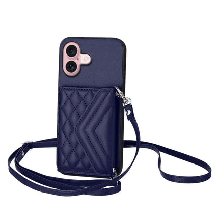 Phone Case With Card Holder For Daily Carry navy quilted leather look with lanyard and RFID card slot for hands-free use