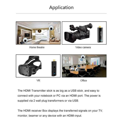 Measy W2H Nano Wireless HDMI Extender for Video Projection showing home theater, video camera, VR and office use